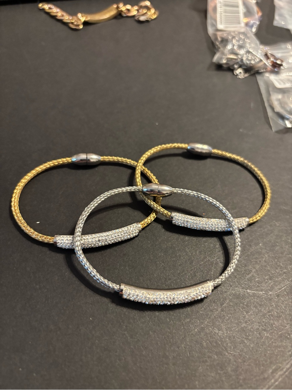 GM Stainless Steel Crystal Mesh Magnetic Bracelet Lot of 3 Gold & Silver Tone